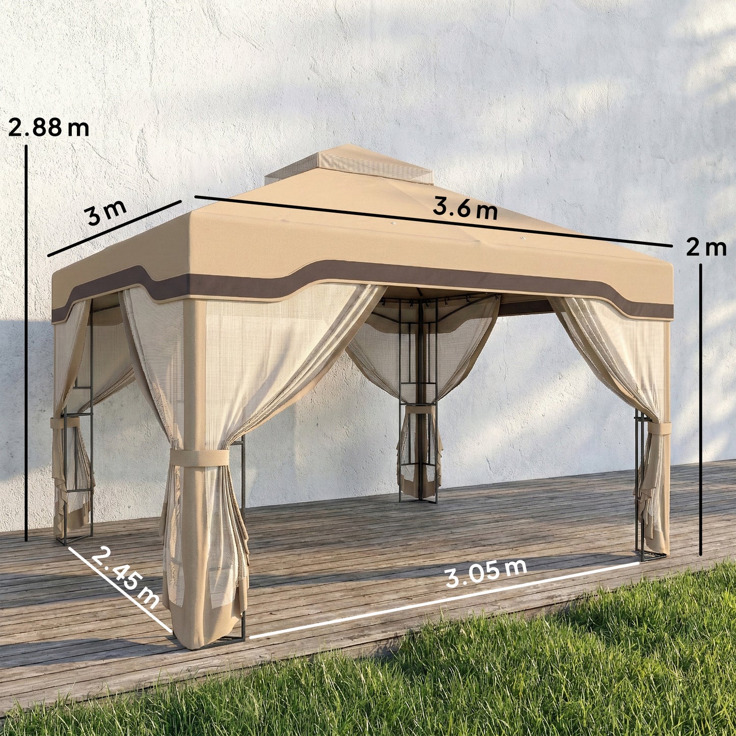 Outsunny 3 x 3.6 m Outdoor Garden Gazebo with Post Shelves, UPF50+ Patio Permanent Pavilion with Hook, Khaki