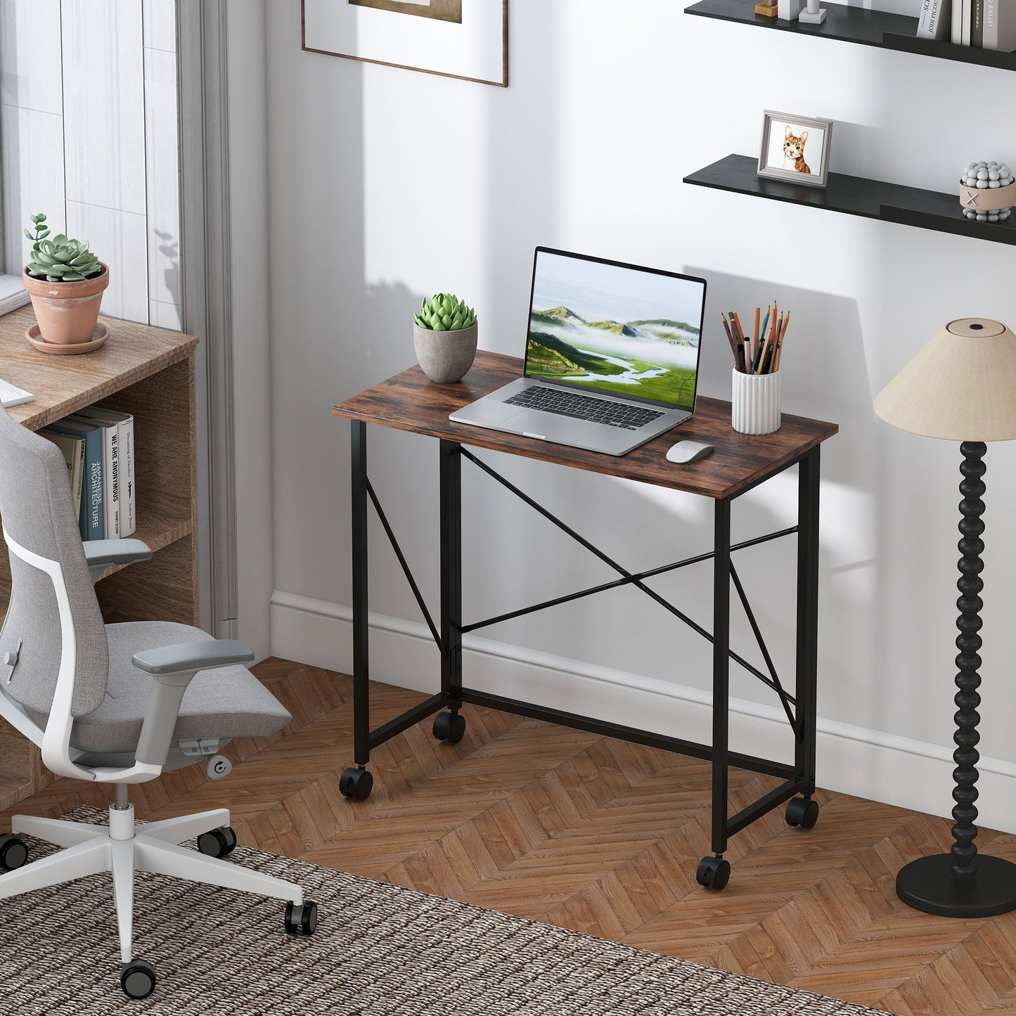 HOMCOM 80 cm Folding Desk on Wheels - Rustic Brown