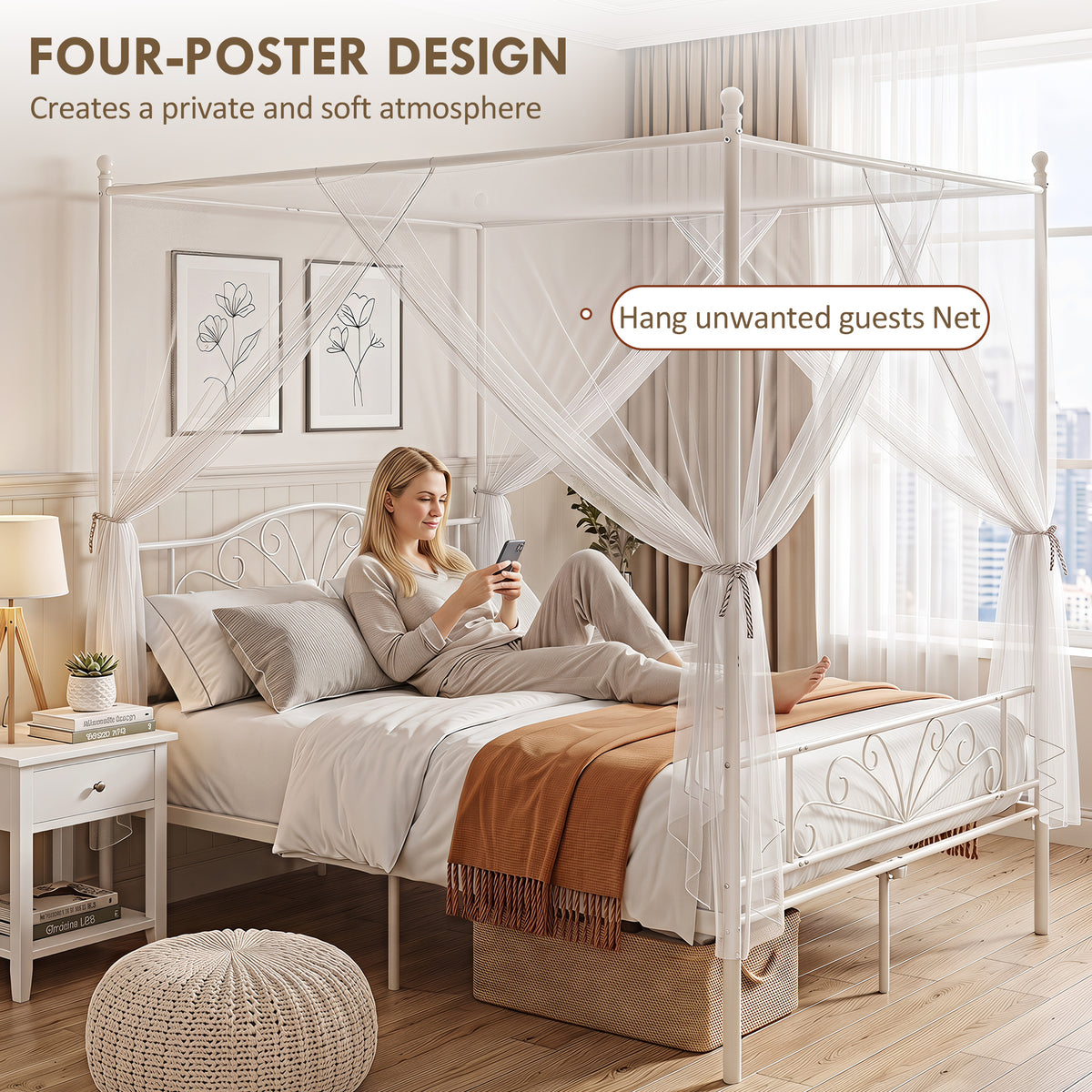 HOMCOM Canopy Bed Frame King Size, Metal Platform Bed Frame with Headboard and Footboard, Underbed Storage, White