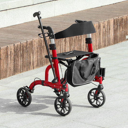 HOMCOM Lightweight Walking Frame, Folding Rollator Walker with Seat and Backrest, Red