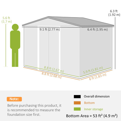 Outsunny 9 x 6ft Steel Garden Shed, Outdoor Storage Tool House with Vents, Foundation and Lockable Double Doors, Brown