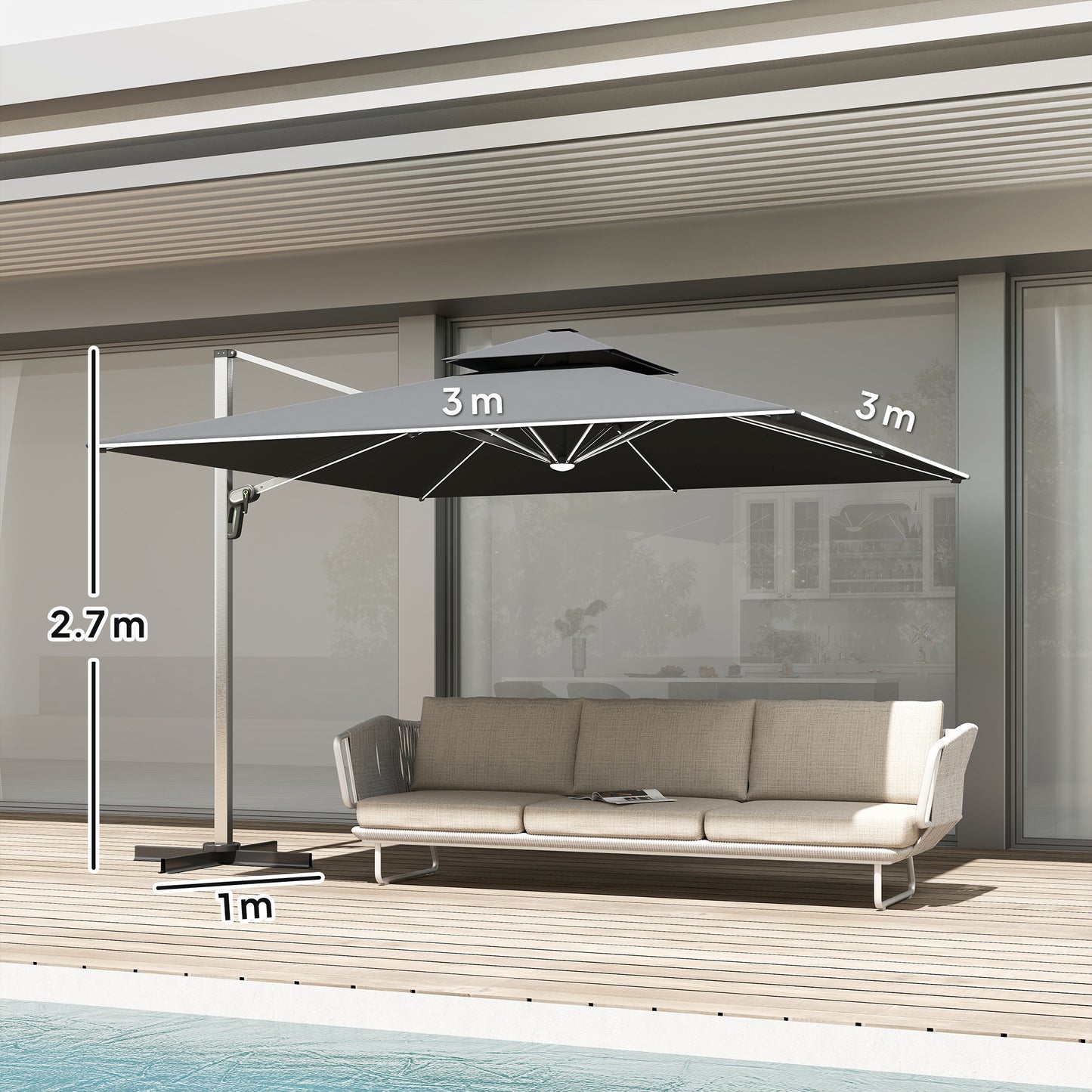 Outsunny 3(m) Garden Cantilever Parasol with Solar LED Lights, Cross Base, 360Â° Rotation, Crank Handle and Tilt, Grey