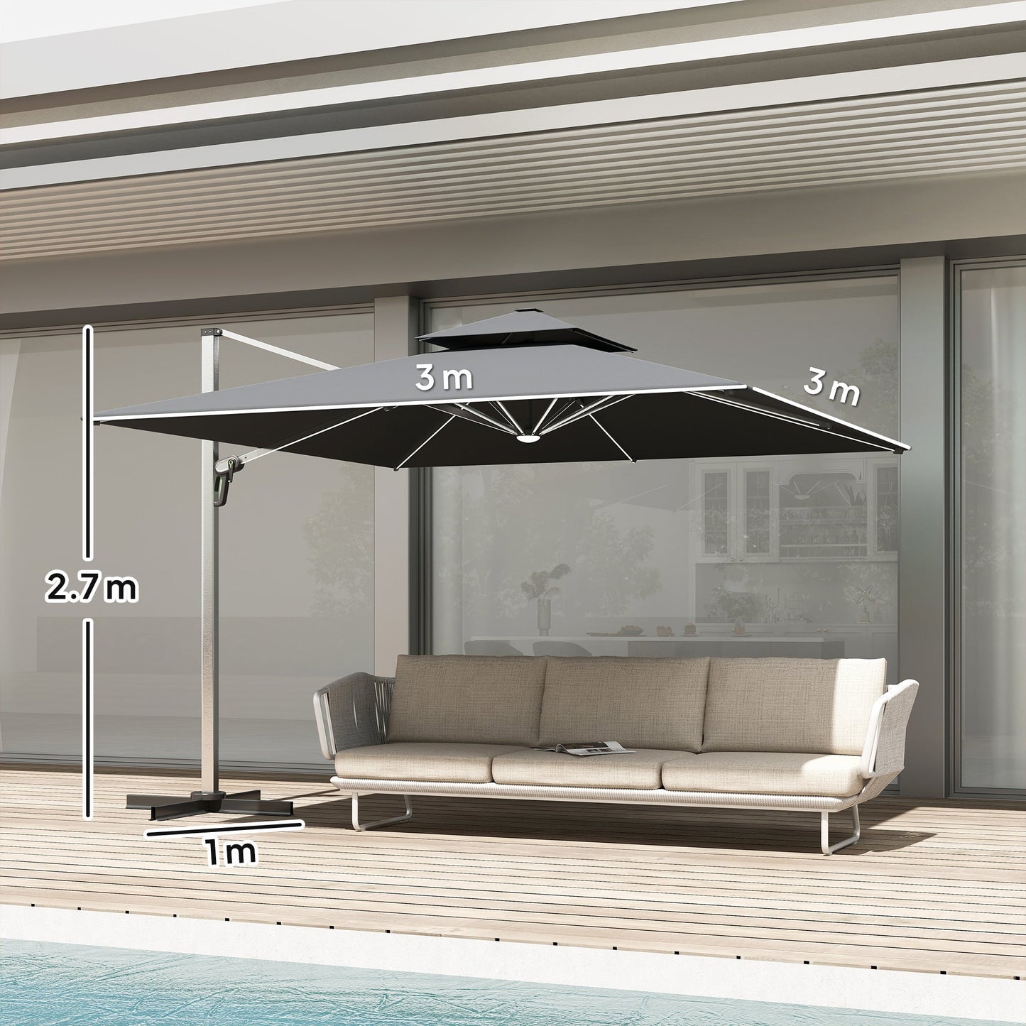 Outsunny 3(m) Garden Cantilever Parasol with Solar LED Lights, Cross Base, 360 degrees Rotation, Crank Handle and Tilt, Grey