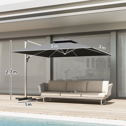 Outsunny 3(m) Garden Cantilever Parasol with Solar LED Lights, Cross Base, 360 degrees Rotation, Crank Handle and Tilt, Grey