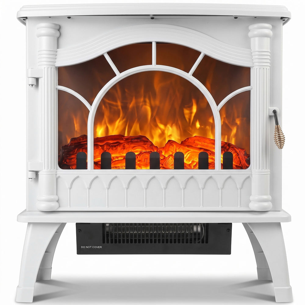HOMCOM 3-Sided Glass Electric Fire Fan Heater, Electric Fireplace Stove Freestanding Log Burner with Flame Effect, White