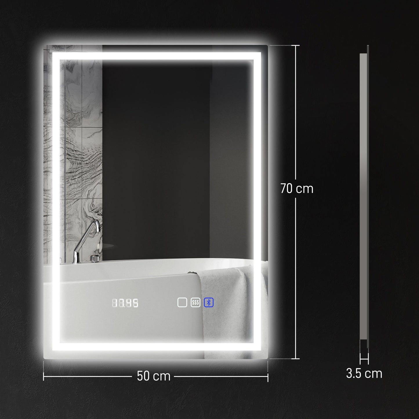 HOMCOM 50 x 70 cm Anti-Fog LED Bathroom Mirror, with Bluetooth and Clock - Silver Tone