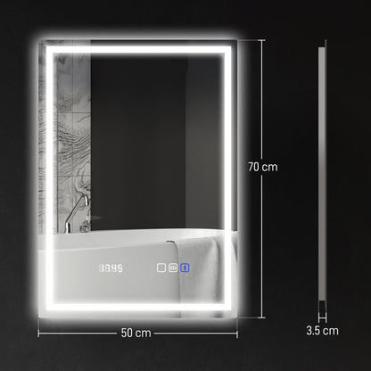 HOMCOM 50 x 70 cm Anti-Fog LED Bathroom Mirror, with Bluetooth and Clock - Silver Tone