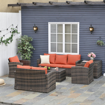 Outsunny 6 Pieces Rattan Garden Furniture Set Wicker Outdoor Sofa Sectional Patio Conversation Furniture Set w/ Storage Table and Cushions, Orange