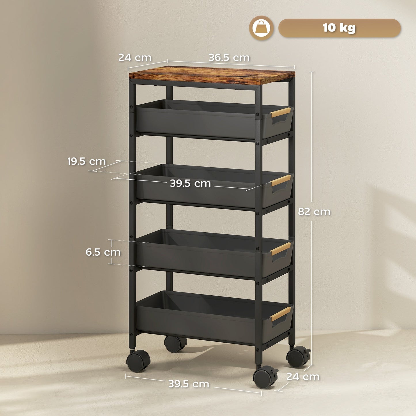 HOMCOM 5-Tier Storage Trolley on Wheels - Black