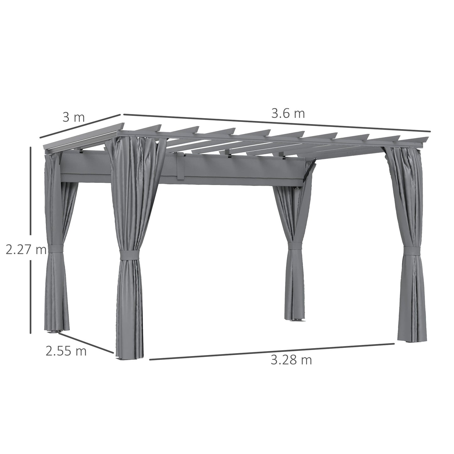 Outsunny 3.6 x 3(m) Outdoor Pergola with Retractable Roof and Curtains, Garden Gazebo Canopy Sun Shade Shelter with Aluminum Frame, Dark Grey