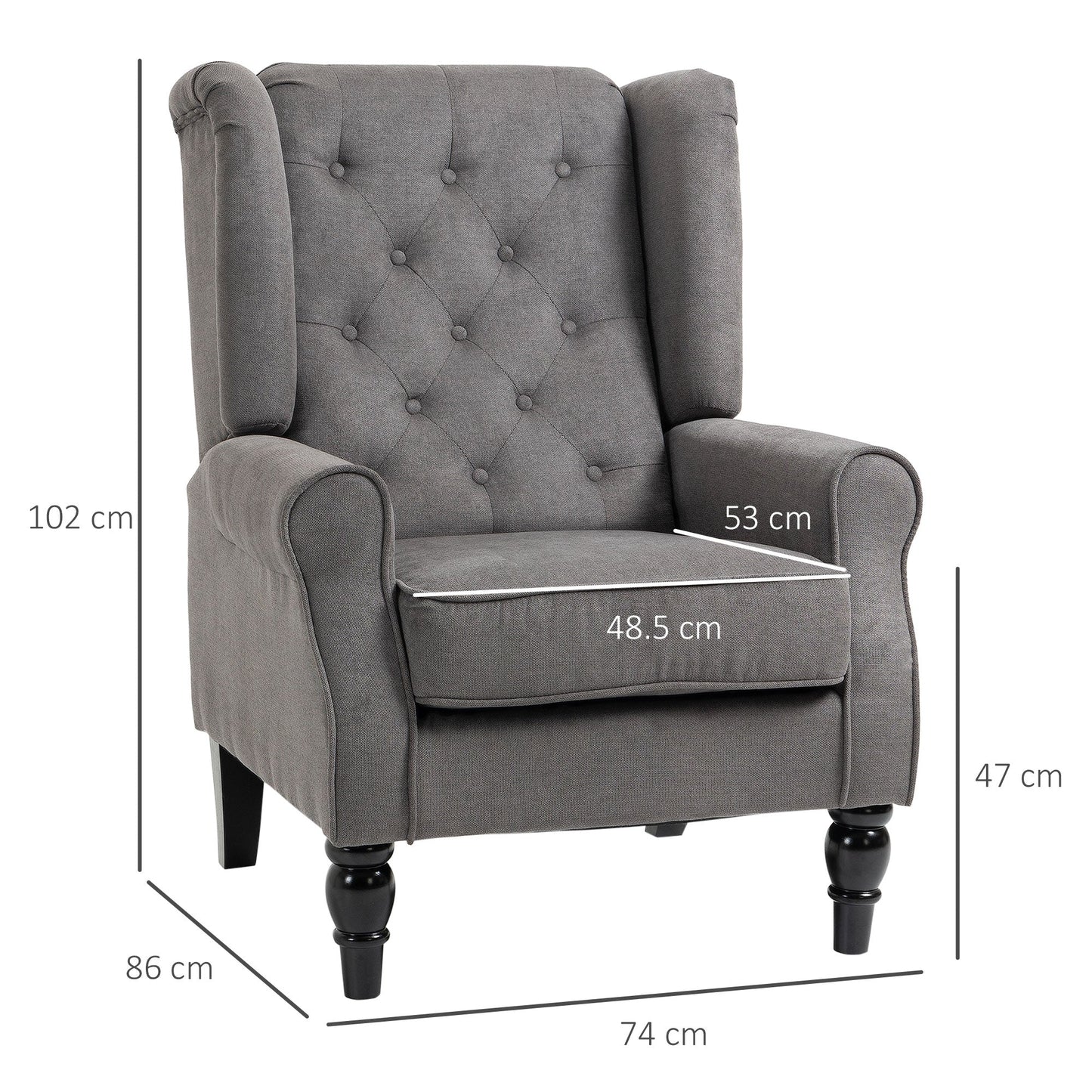 HOMCOM Retro Accent Chair, Linen Wingback Armchair with Wood Frame Button Tufted Design for Living Room Bedroom, Dark Grey