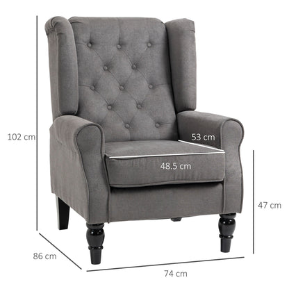 HOMCOM Retro Accent Chair, Linen Wingback Armchair with Wood Frame Button Tufted Design for Living Room Bedroom, Dark Grey