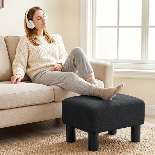 HOMCOM Linen Fabric Footstool Ottoman Cube with 4 Plastic Legs, Black