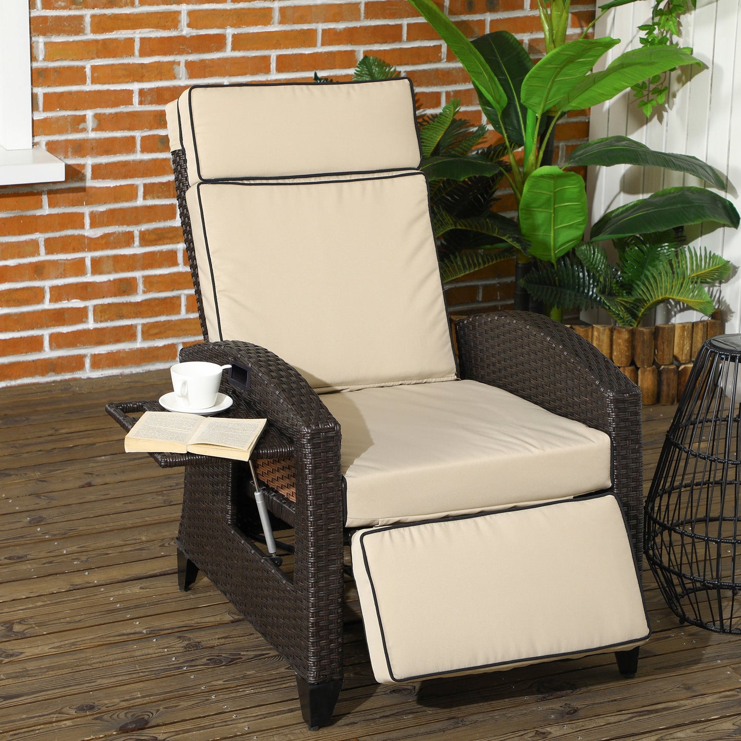 Outsunny Outdoor Recliner Chair with Adjustable Backrest and Footrest, Cushion, Side Tray, Khaki/Brown