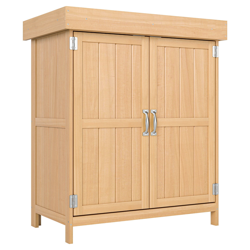Outsunny Small Shed, Wooden Garden Shed with Openable Hinged Roof and Removable Shelf, Outdoor Tool Storage Cabinet Chest with Double Doors, 74 x 43 x 88 cm, Natural Wood Finish