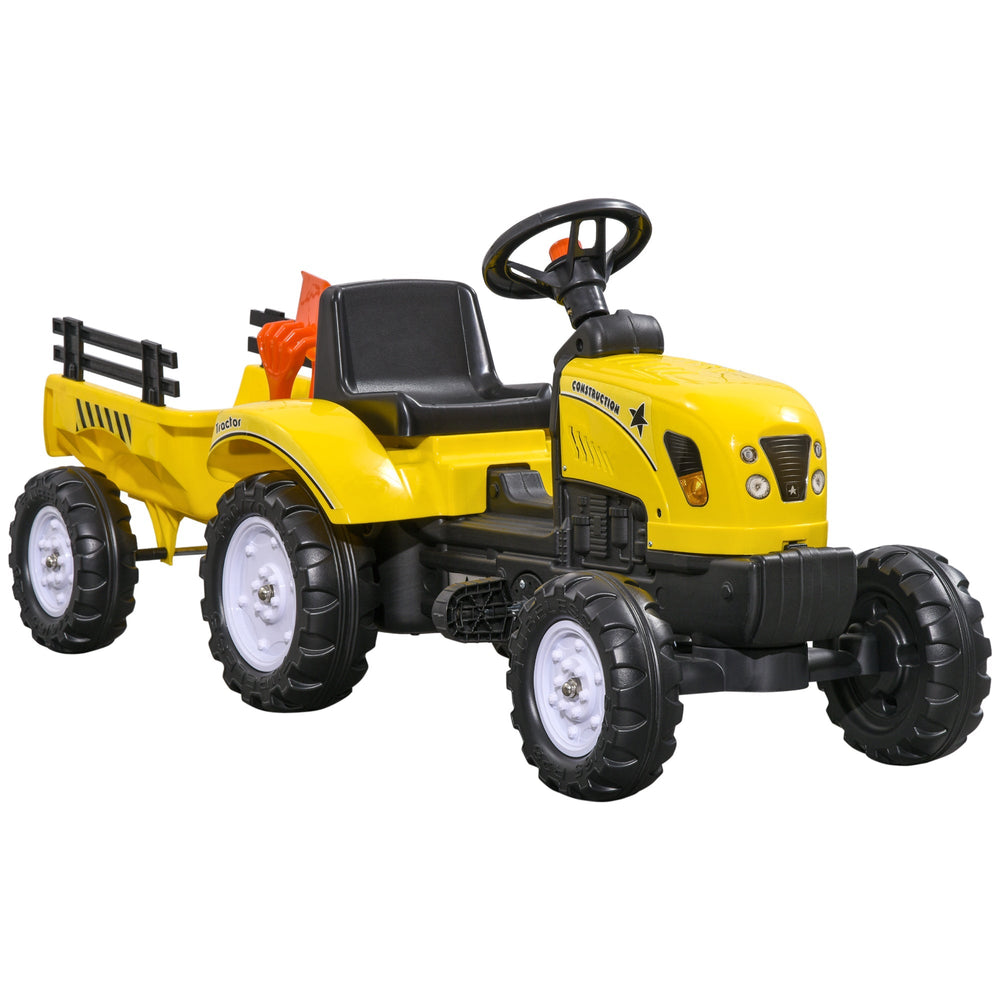 HOMCOM Kids Ride on Tractor with Back Trailer, Shovel & Rake, Horn, Four Wheels Tractor Toy for Child Toddler