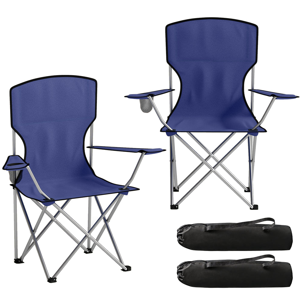 Outsunny Camping Chair Set of 2 Portable Folding Outdoor Camp Chair with Cup Holders and Carry Bag Dark Blue