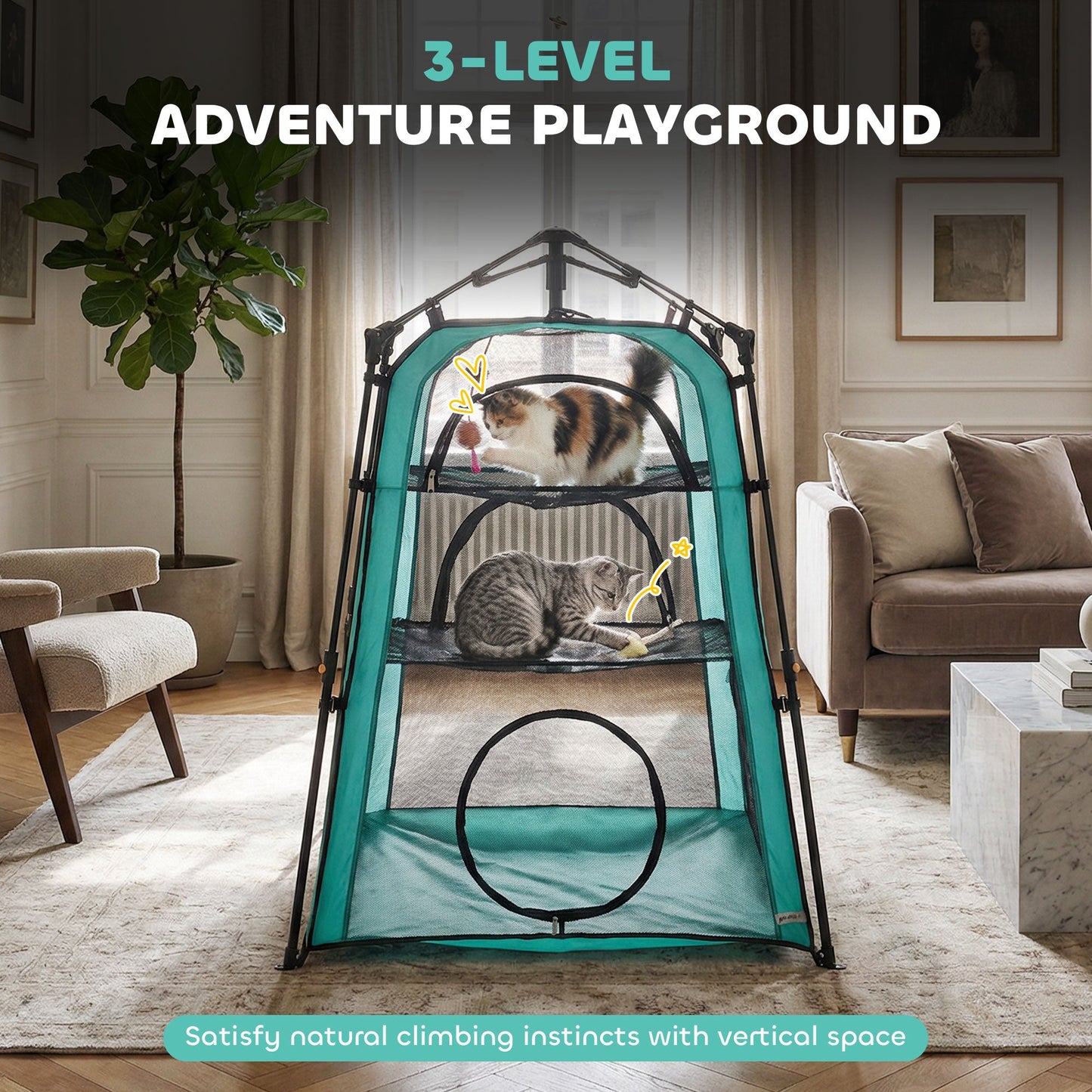 PawHut Cat Tent, 3-Tier Portable Pet Tent for Indoor Outdoor, Cat House with Multi-Door, Carry Bag, Breathable Mesh