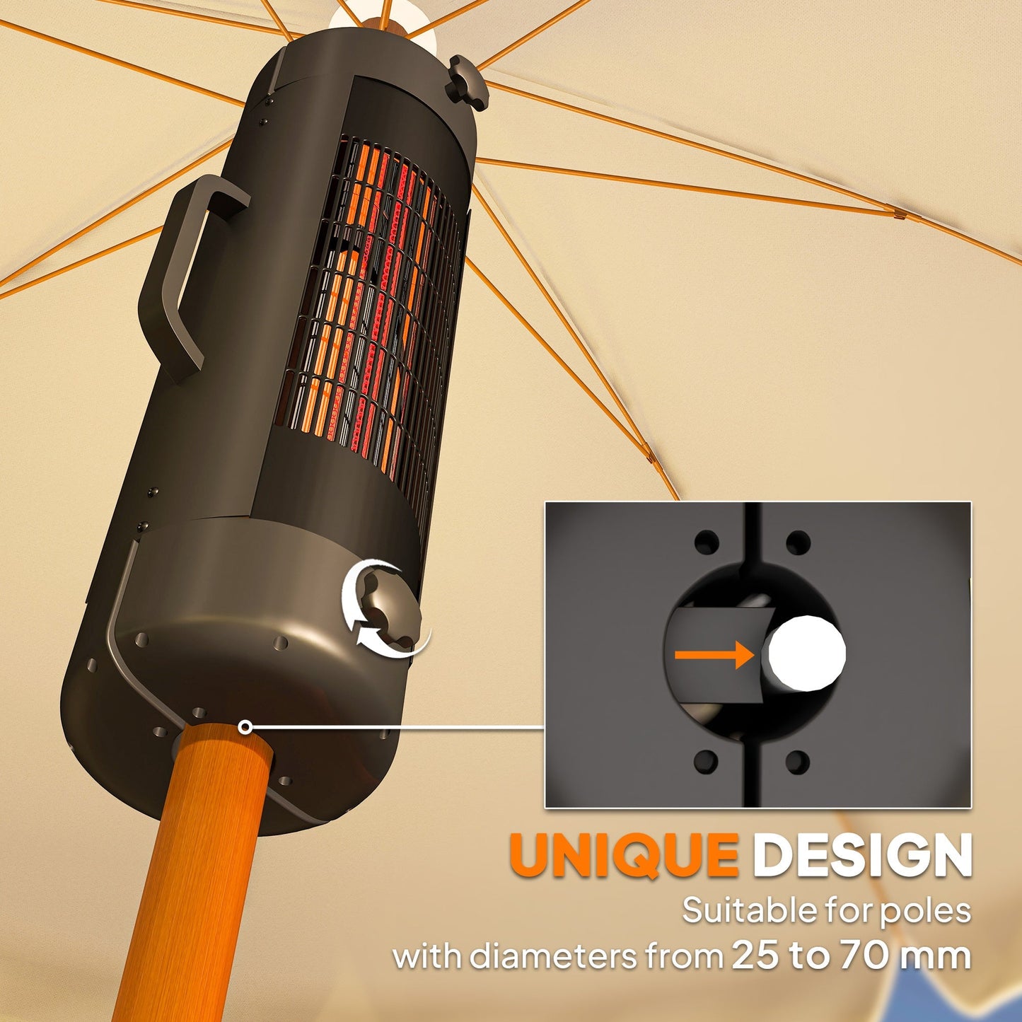 Outsunny Electric Umbrella Parasol Mounted Patio Heater for 25-70 mm Poles, 2000 W Outdoor Garden Heater with 2 Heat Setting, 6 √£≈Ω¬° Coverage, Tip-Over Protection, Black