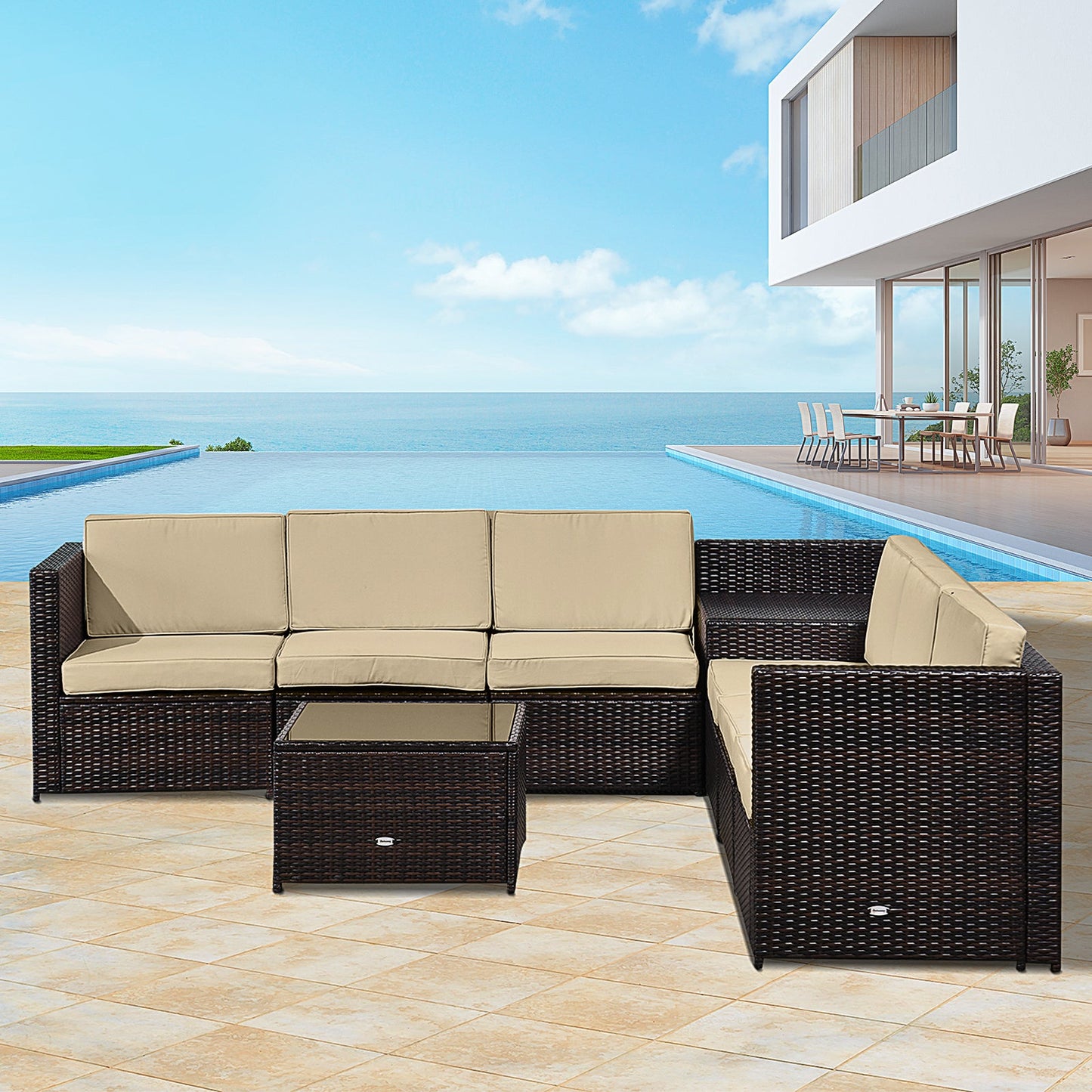 Outsunny 6-Seater Rattan Sofa Furniture Set W/Cushions, Steel Frame-Brown