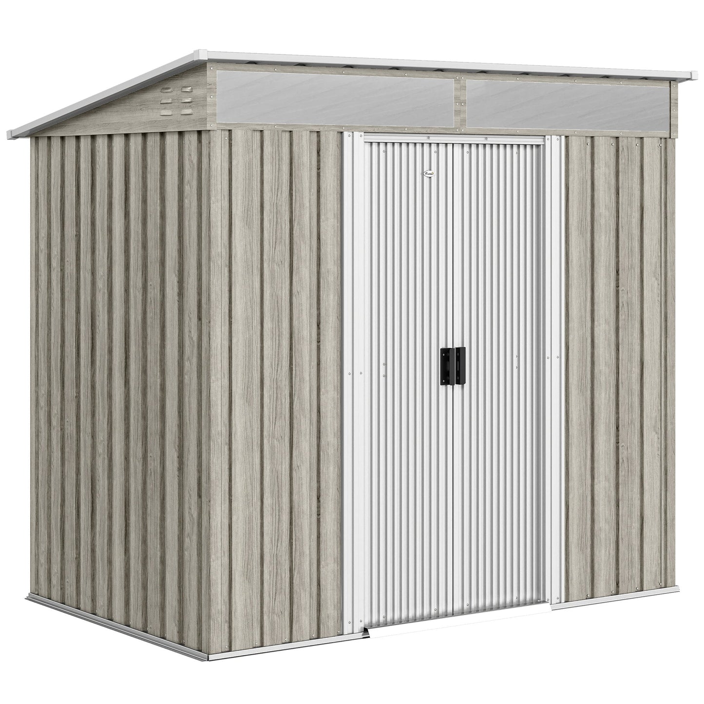 Outsunny 6.5 x 4FT Galvanised Metal Shed with Foundation Kit, Lockable Tool Garden Shed with Double Sliding Doors, Vents, Light Grey Wood Effect