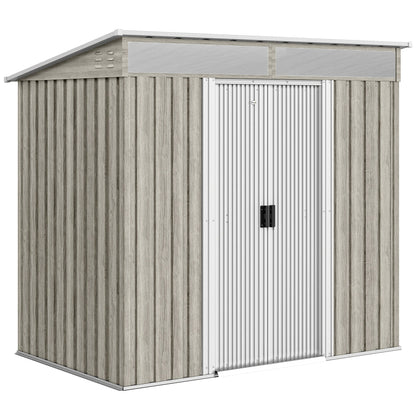 Outsunny 6.5 x 4FT Galvanised Metal Shed with Foundation Kit, Lockable Tool Garden Shed with Double Sliding Doors, Vents, Light Grey Wood Effect
