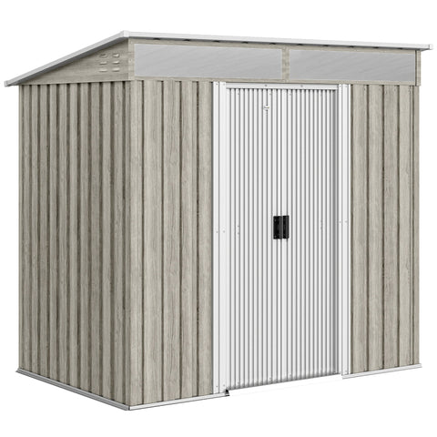 Outsunny 6.5 x 4FT Galvanised Metal Shed with Foundation Kit, Lockable Tool Garden Shed with Double Sliding Doors, Vents, Light Grey Wood Effect