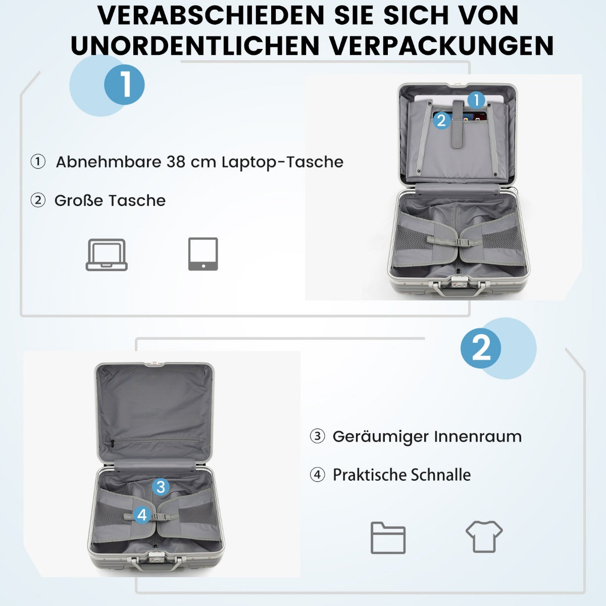 16 Inch Under-seat Carry On Luggage with Spinner Wheels and Laptop Compartment-Sliver