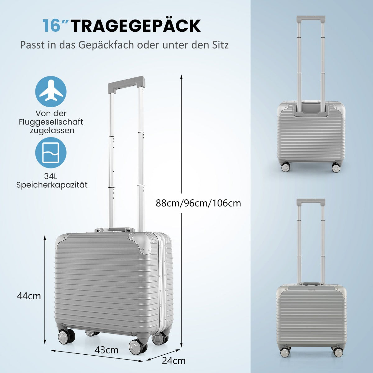 16 Inch Under-seat Carry On Luggage with Spinner Wheels and Laptop Compartment-Sliver