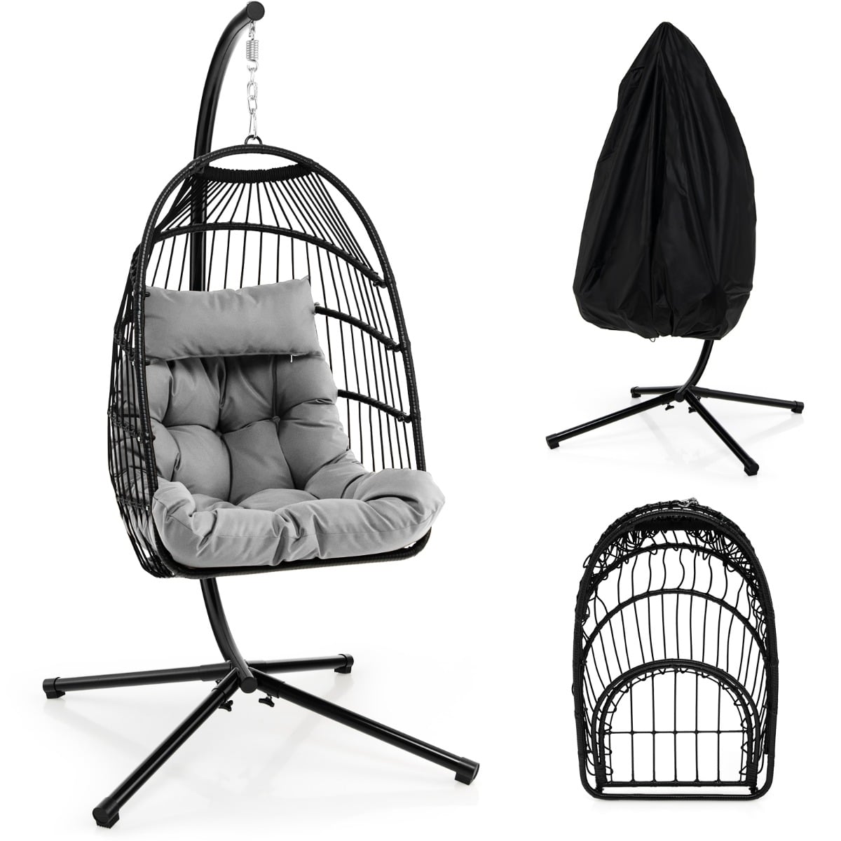 Hanging Swing Egg Chair with Stand Cozy Head Pillow  Cushion-Grey
