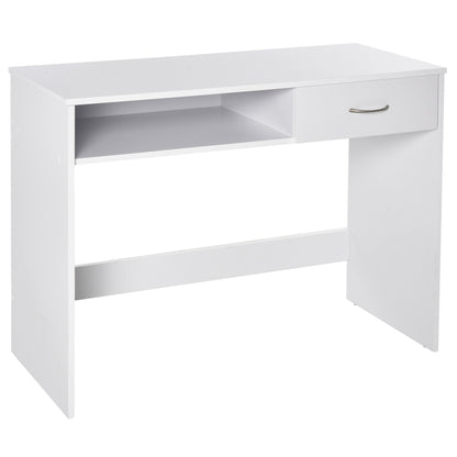 HOMCOM Compact Computer Desk, Study Table with Drawer and Storage Compartment, Writing Workstation, White