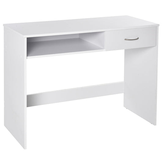 HOMCOM Compact Computer Desk, Study Table with Drawer and Storage Compartment, Writing Workstation, White