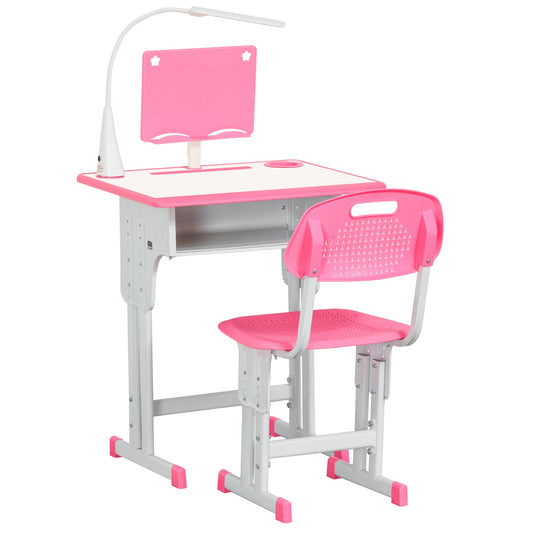 HOMCOM Kids Desk and Chair Set Adjustable Height Study Table Set with Drawer, Book Stand, Pen Slot - Pink