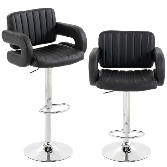 HOMCOM Bar Stools Adjustable Swivel Kitchen Chairs with Backrest Armrest Set of 2 PU Leather Black