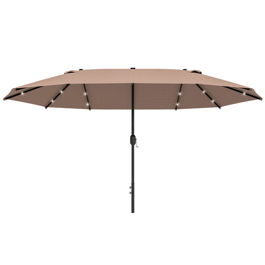 Outsunny Garden Parasol 4.4m Double-Sided Sun Umbrella Patio Parasol LED Solar Lights Khaki