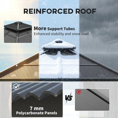Outsunny 2.5 x 2.5 m Hardtop Gazebo Canopy with 7mm PC Roof, Garden Gazebo Permanent Pavilion with Netting, Curtains, Dark Grey