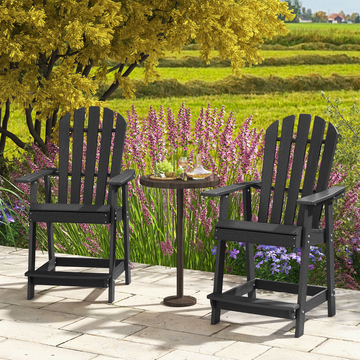 Outdoor HDPE Bar Stool with Armrest Footrest for Garden Poolside Set of 2-Black