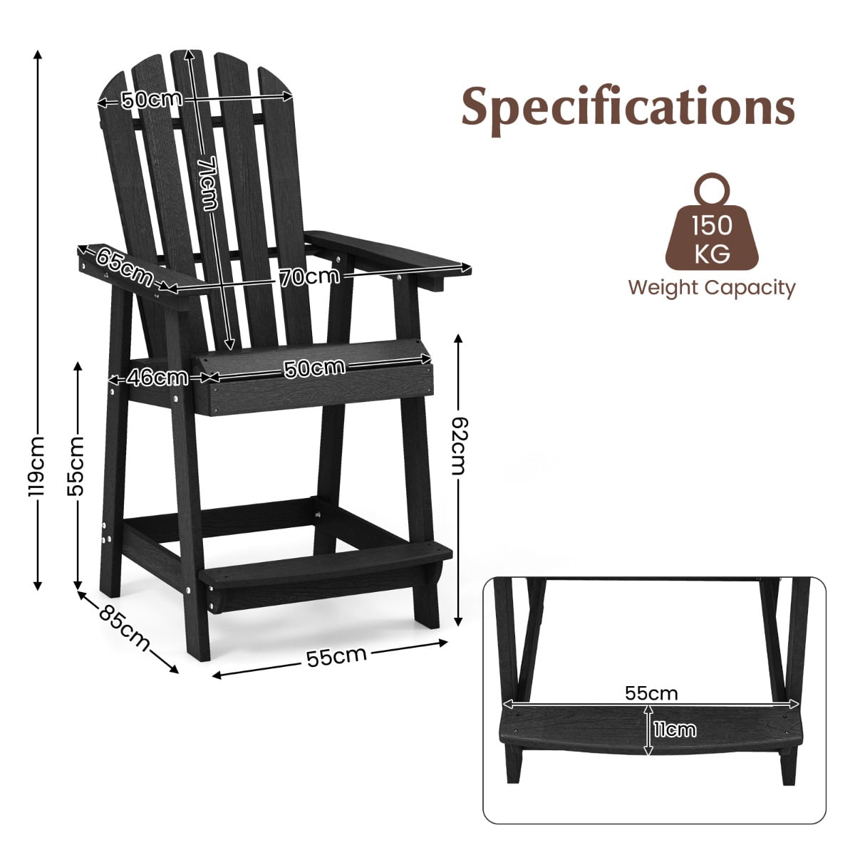 Outdoor HDPE Bar Stool with Armrest Footrest for Garden Poolside Set of 2-Black