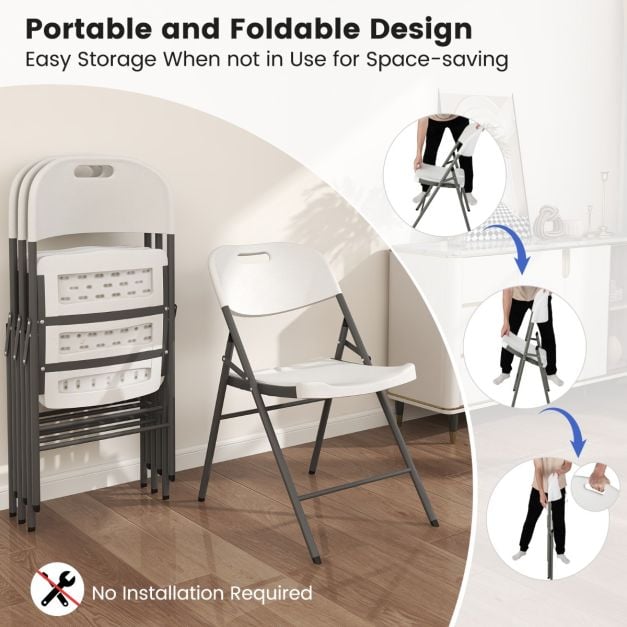 4 Pack Folding Stackable Chairs with Metal Frame and Carrying Handle-White