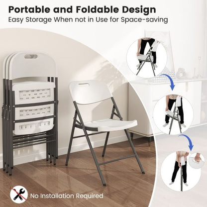 4 Pack Folding Stackable Chairs with Metal Frame and Carrying Handle-White
