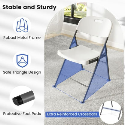 4 Pack Folding Stackable Chairs with Metal Frame and Carrying Handle-White