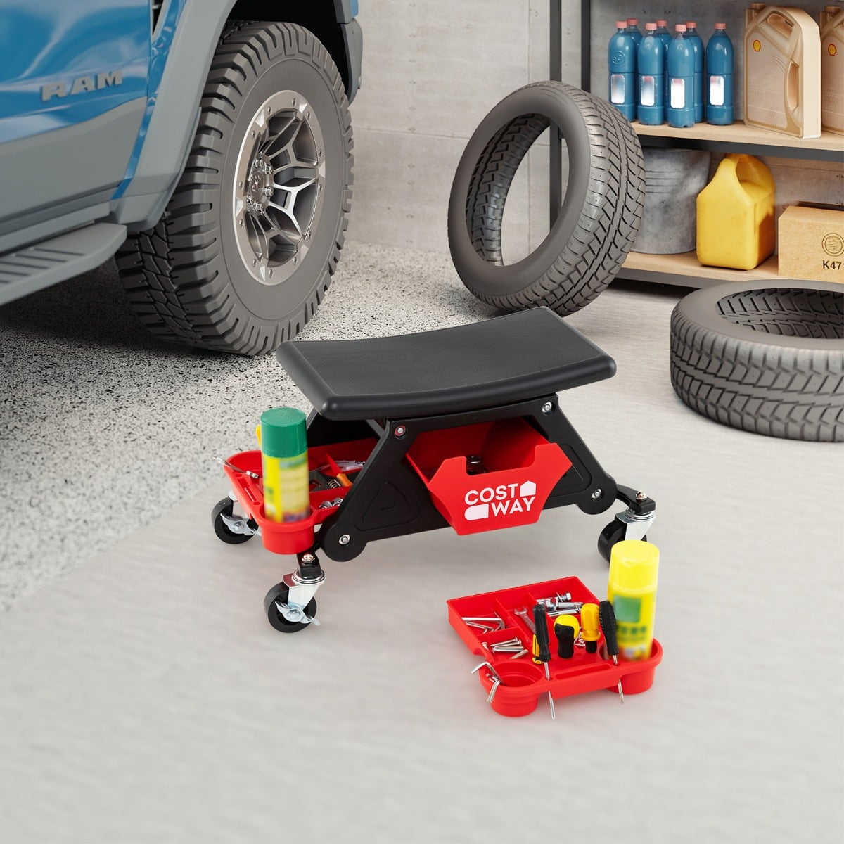Heavy-Duty Garage Stool on Wheels with Slide Out Drawer and 2 Partition Trays-Black & Red