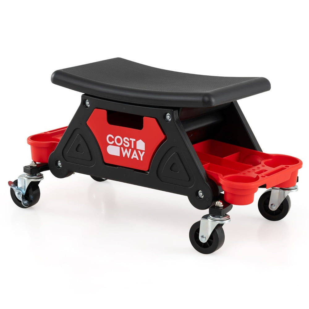 Heavy-Duty Garage Stool on Wheels with Slide Out Drawer and 2 Partition Trays-Black & Red