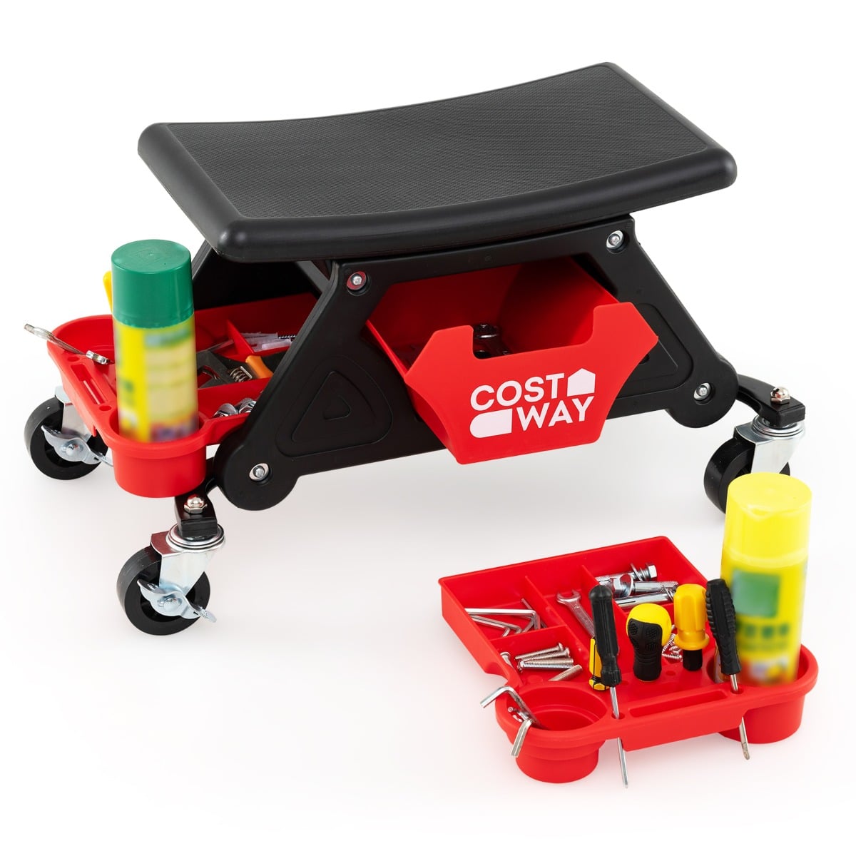 Heavy-Duty Garage Stool on Wheels with Slide Out Drawer and 2 Partition Trays-Black & Red