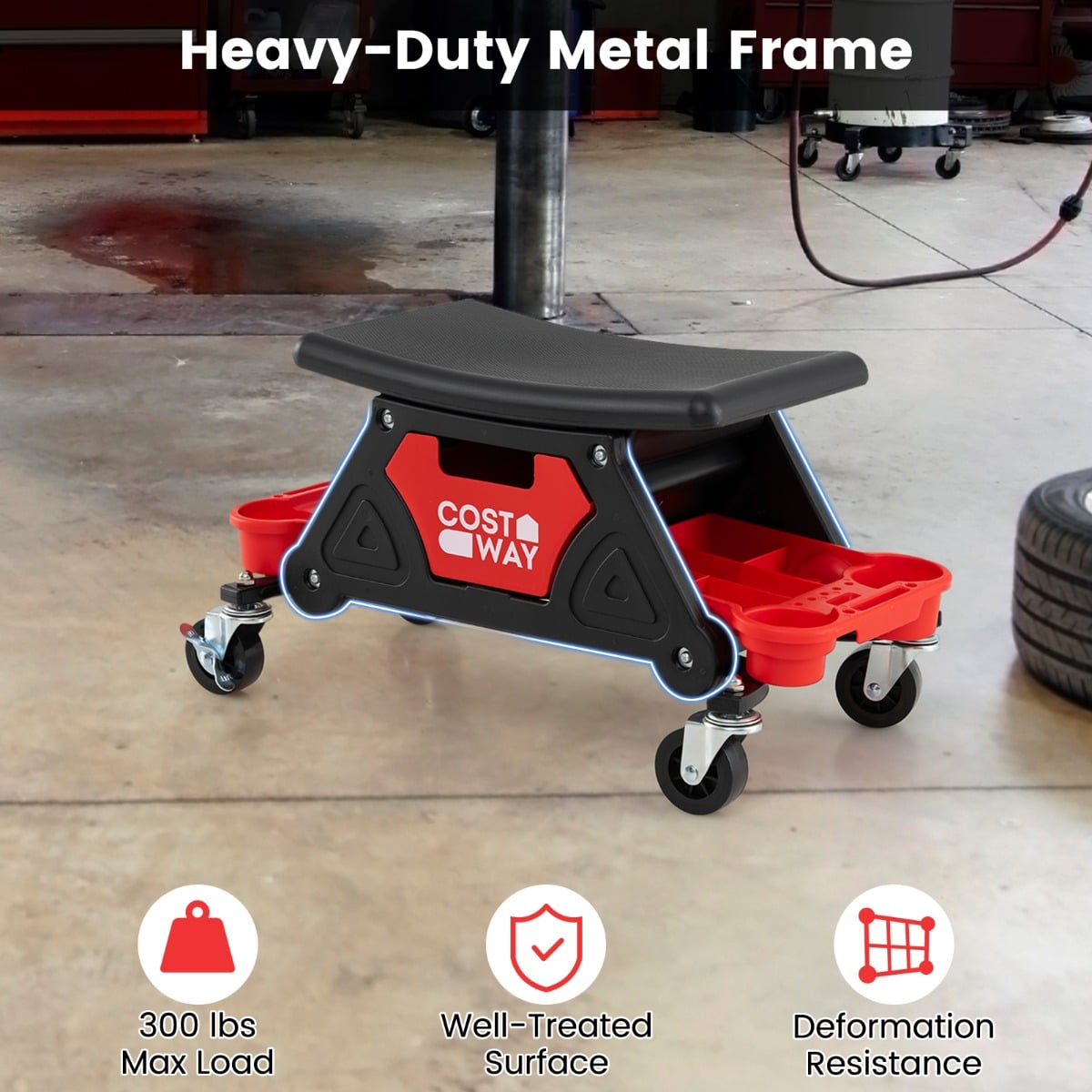 Heavy-Duty Garage Stool on Wheels with Slide Out Drawer and 2 Partition Trays-Black & Red