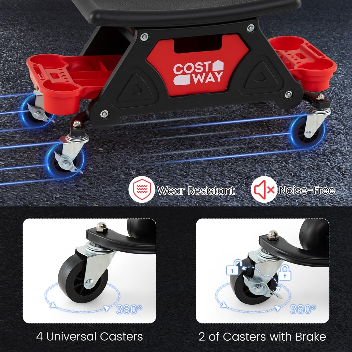 Heavy-Duty Garage Stool on Wheels with Slide Out Drawer and 2 Partition Trays-Black & Red