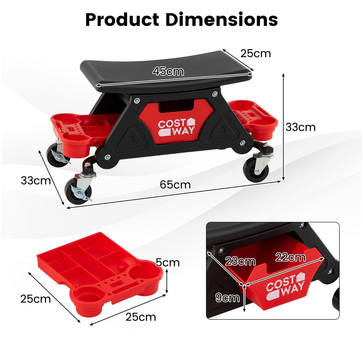 Heavy-Duty Garage Stool on Wheels with Slide Out Drawer and 2 Partition Trays-Black & Red