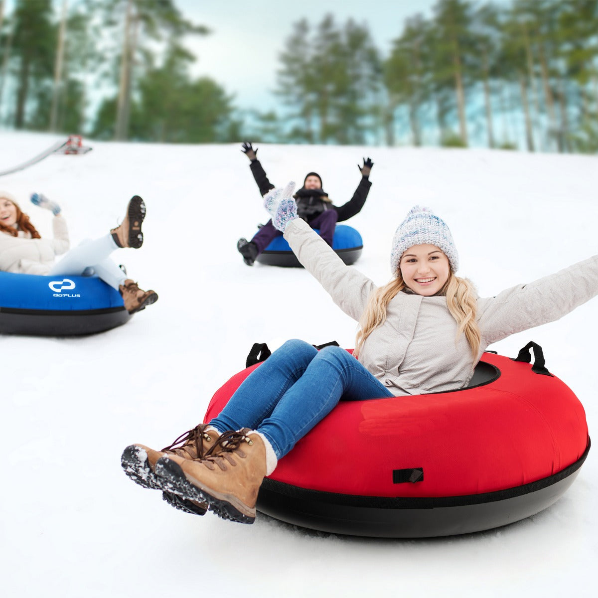 Heavy-Duty Snow Tube for Adults Kids with Seat Cushion-Red