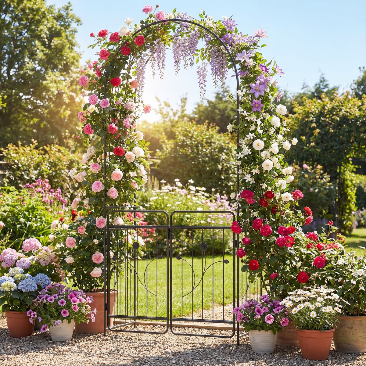 Heavy-duty Metal Garden Arbor with Lockable Gate and Base Plates
