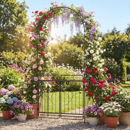 Heavy-duty Metal Garden Arbor with Lockable Gate and Base Plates